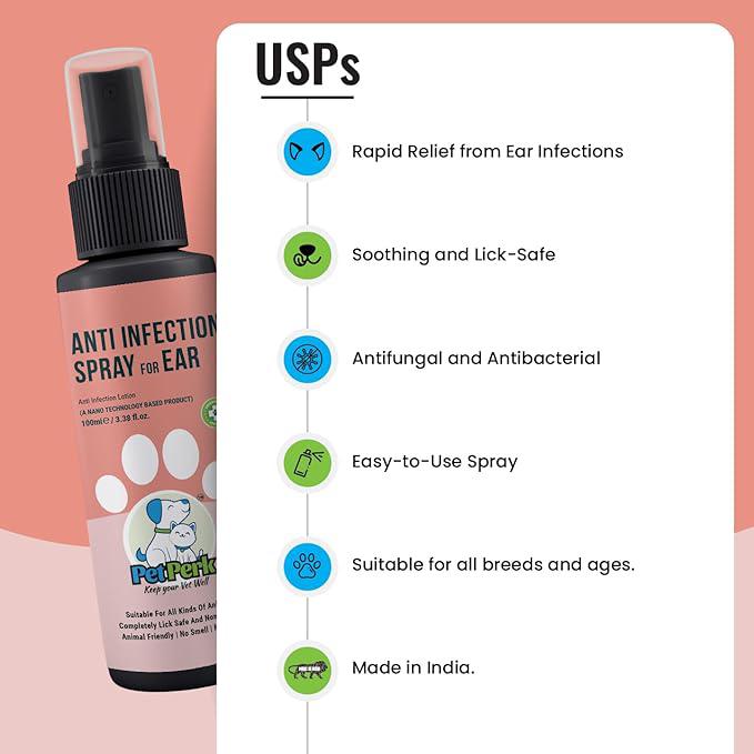 PET PERK Ear Anti-Infection Spray For Dogs Advanced Nanotechnology Based Formulation Soothing Relief For Ear Infections Suitable For All Dog Breeds Dogs (100 Ml, 1 Bottle)