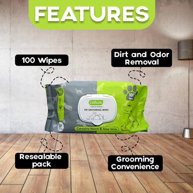 Cature Care by Nature Biodegradable Pet Wipes – Aloe Vera & Neem for Gentle & Effective Cleaning, Natural & Eco-Friendly, 100 Wipes (Pack of 2) for Dogs & Cats