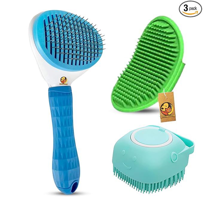Foodie Puppies 3Pcs Pet Grooming Self Cleaning Combo for Dogs & Cats - (Oval Slicker, Massage Bath Glove, Shampoo Dispenser) for Long Short Shedding Hairs I Daily Use Dog Comb Gloves, Easy Clean Bath