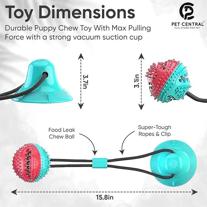 Pet Central Interactive Toy | Suction Cup Chew Toy for Aggressive Chewers | Treat Dispensing Squeaky Dog Toy for Stimulation and Self-Playing | Tug of War Rope With Teeth Cleaning Ball