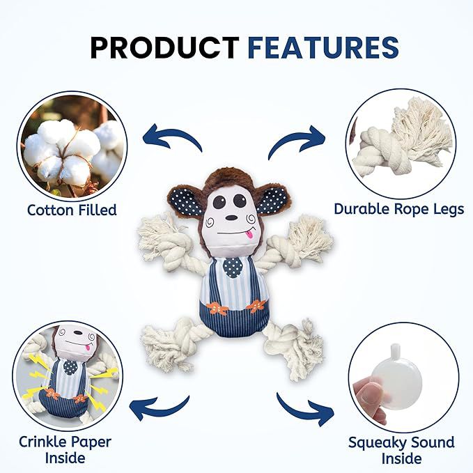 Foodie Puppies Monkey Crinkle Paper Rope Plush Toy for Dogs | Non-Toxic, Soft, Stuffed Interactive Cute Squeaky, Teething Rope Dog Toys | Plush Dog Toys for Small to Medium Dogs