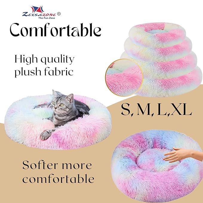 ZEXSAZONE Round Donut Pet Bed for Cats and Puppies Dogs, Cozy and Plush, Raised Bedside Support, Both Sides Use Like 2 in One, Washable, Sizes for Small, Medium, and Large Pets. (cat Bed Rainbow)