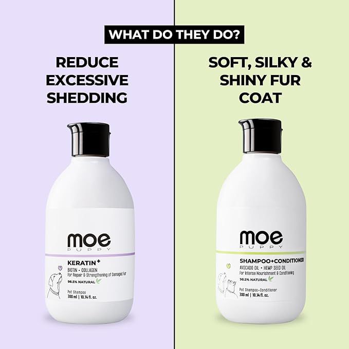 Moe Pet Care Shampoo Combo for Nourishment, Vitality & Fur Repair | Shampoo Plus Conditioner + Keratin Plus | Sulfate & Paraben Free | pH Balanced for Dogs & Cats (Pack of 2) (600ml)