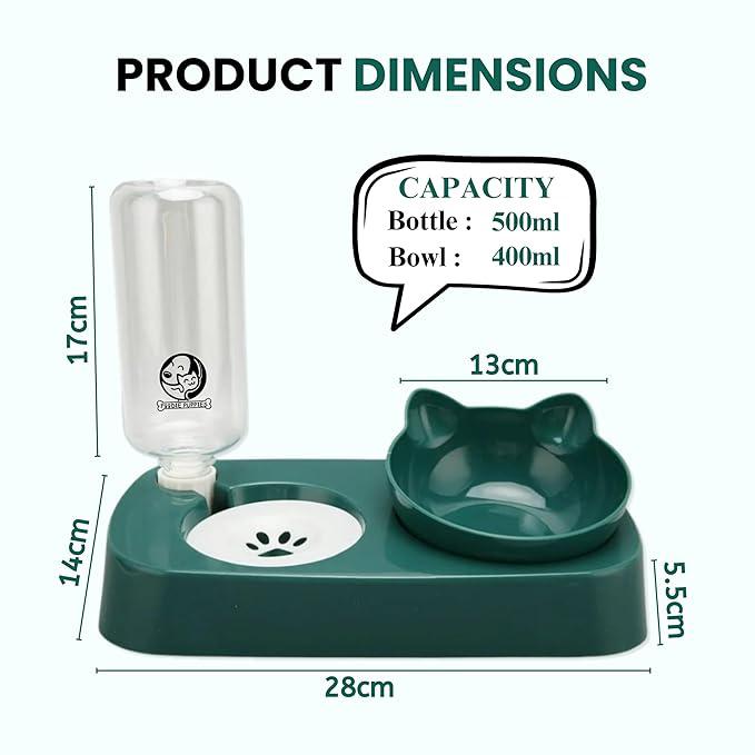 Foodie Puppies 2 in 1 Pet Gravity Feeder Food Bowl and Water Bottle Set- (Green), with Automatic Water Dispenser Bottle, Detachable Tilted Raised Food Bowl for Puppy, Small Dogs Cats and Kittens
