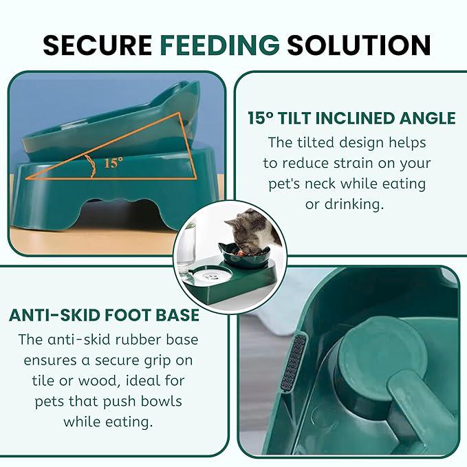 Foodie Puppies 2 in 1 Pet Gravity Feeder Food Bowl and Water Bottle Set- (Green), with Automatic Water Dispenser Bottle, Detachable Tilted Raised Food Bowl for Puppy, Small Dogs Cats and Kittens