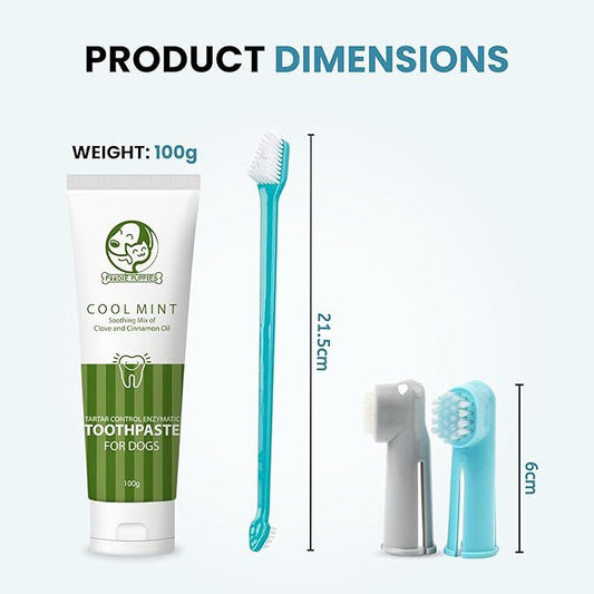 Foodie Puppies Pet Dental Oral Care Kit Combo - (Coolmint Toothpaste- 100g + 3Pcs Toothbrush) for Dogs | Soothes Inflame Gums, Remove Bad Breath, and Mix of Clove & Cinnamon Oil for Dogs and Puppies