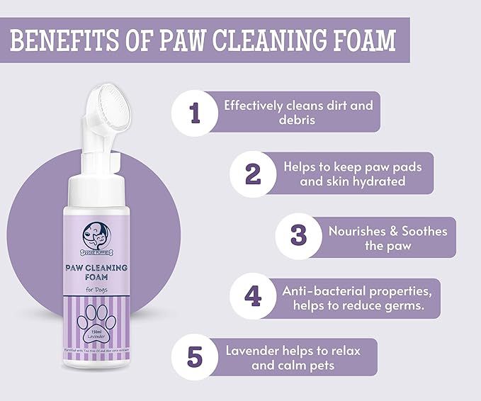 Foodie Puppies Paw Cleaner for Dogs & Cats - 150ml | Lavender No-Rinse Foaming Cleanser with Silicone Brush | Tea Tree Oil & Aloe Vera | Quick Dry, Lick-Safe, Allergen-Free, Moisturizing & Freshening