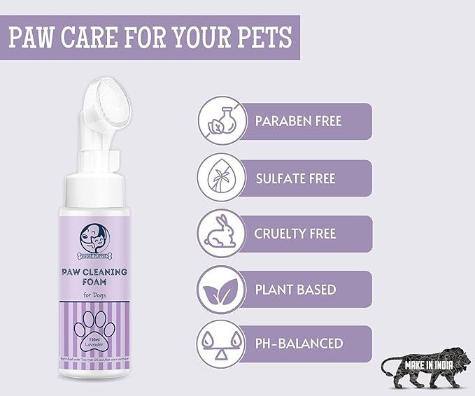 Foodie Puppies Paw Cleaner for Dogs & Cats - 150ml | Lavender No-Rinse Foaming Cleanser with Silicone Brush | Tea Tree Oil & Aloe Vera | Quick Dry, Lick-Safe, Allergen-Free, Moisturizing & Freshening