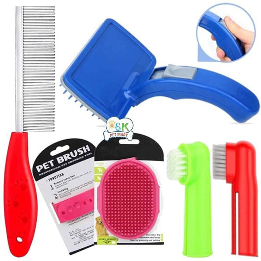 PSK PET MART Dog Grooming Kit - Dog Plastic Slicker Brush with Press Key for Puppies and Dogs + Dog Toothbrush + Pet Grooming Glove + Dog Steel Comb (Single Side) for Dog, Puppy, Cat - 4 in