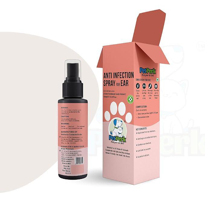 PET PERK Ear Anti-Infection Spray For Dogs Advanced Nanotechnology Based Formulation Soothing Relief For Ear Infections Suitable For All Dog Breeds Dogs (100 Ml, 1 Bottle)