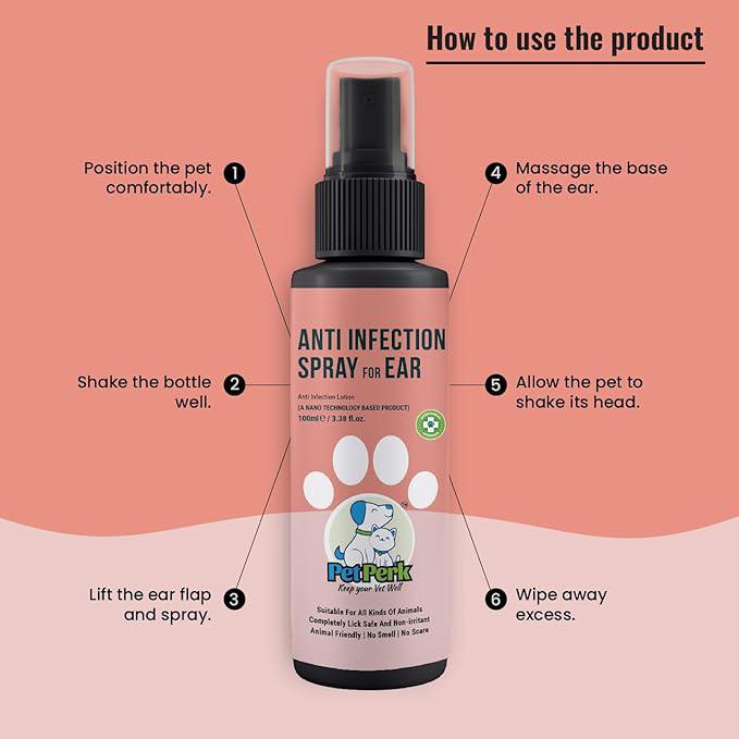 PET PERK Ear Anti-Infection Spray For Dogs Advanced Nanotechnology Based Formulation Soothing Relief For Ear Infections Suitable For All Dog Breeds Dogs (100 Ml, 1 Bottle)