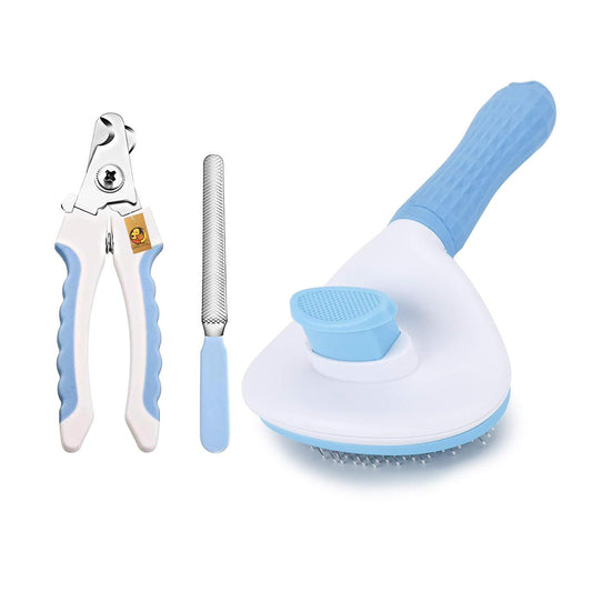 Foodie Puppies Pet Grooming and Cleaning Slicker Brush and Nail Cutter with Filer for Dogs and Cats - (Nail Clipper + Oval Push Slicker) | Gentle Trimmer, Self Clean Brush, Shedding, and Lockable Tool