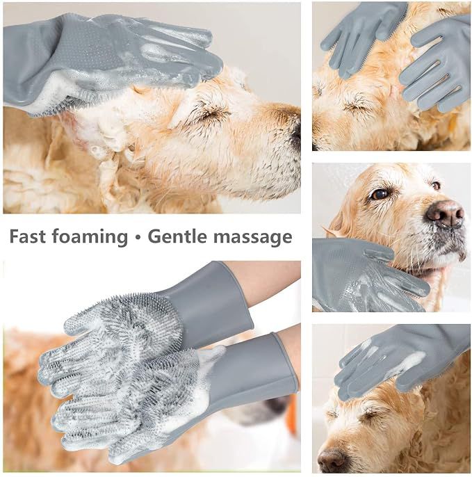 Styllent Pack Of 2 Dog Cats Pet Grrooming Silicon Shampoo Dispenser Brush With 1 Pair Bathing Gloves Soft Bristle For Soothing Scrubber Massage Shower Use Clean Loose Hair Fur For Dogs Pets