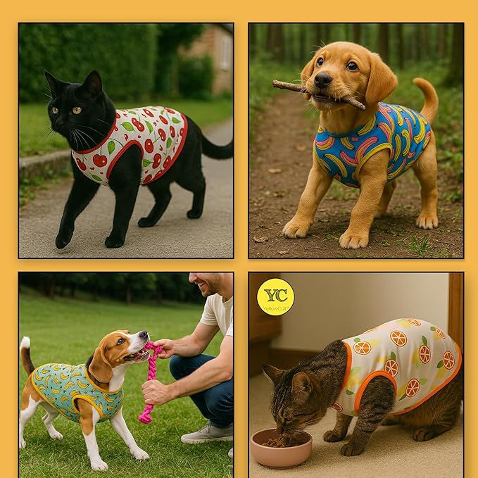 Yellowcult Cute Cat T-Shirt Clothes, Summer Sweetshirts Fruit Pet Random Design mesh Outfit for Small Dog, cat, Puppy, Kitten, Diwali, Festival, Travel, Outing, Photos (S- Any 1)