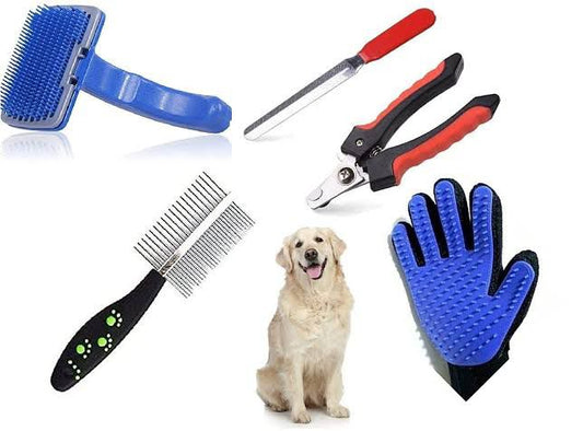 PSK PET MART (Combo of 5) Imported Pet Slicker Brush + Hair Comb Double Side + Nail Clipper + Nail Grinder + Grooming Gloves Kit for All Pets Dog, Cat, Rabbit, Hamster