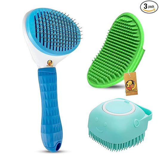 Foodie Puppies 3Pcs Pet Grooming Self Cleaning Combo for Dogs & Cats - (Oval Slicker, Massage Bath Glove, Shampoo Dispenser) for Long Short Shedding Hairs I Daily Use Dog Comb Gloves, Easy Clean Bath