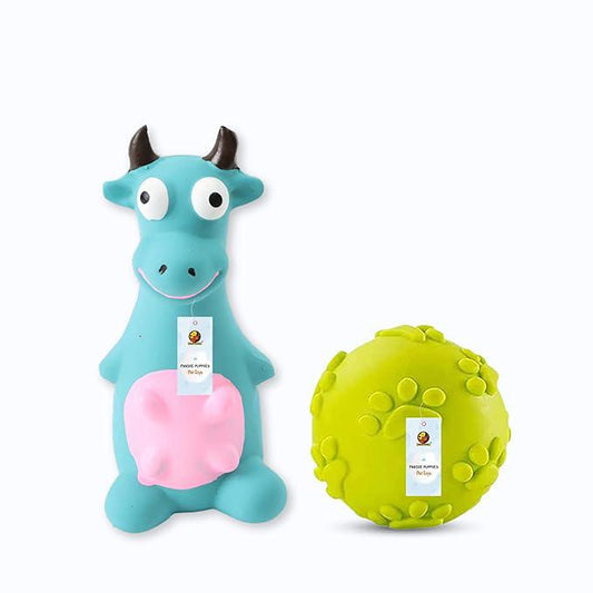 Foodie Puppies 2in1 Combo of Latex Squeaky Sound Chew Toy - (Blue Bull and Claw Ball) for Small Dogs & Puppies | Interactive Non - Toxic Durable Rubber Pet Toy for Training, Chewing and Playing