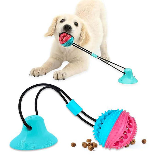 Pet Central Interactive Toy | Suction Cup Chew Toy for Aggressive Chewers | Treat Dispensing Squeaky Dog Toy for Stimulation and Self-Playing | Tug of War Rope With Teeth Cleaning Ball