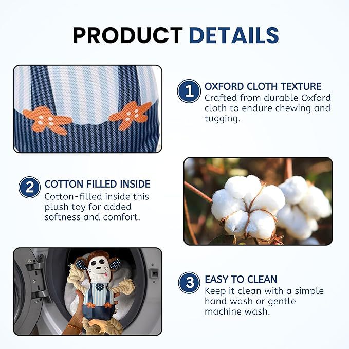 Foodie Puppies Monkey Crinkle Paper Rope Plush Toy for Dogs | Non-Toxic, Soft, Stuffed Interactive Cute Squeaky, Teething Rope Dog Toys | Plush Dog Toys for Small to Medium Dogs