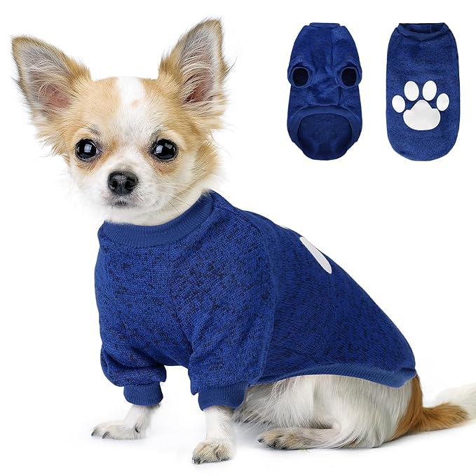 RETOLIT Dog Sweater for Small Dog - Classic Knitted Doggie Paw Print Sweater for Cold Weather, Soft Warm Winter Dog Clothes Outdoor Indoor for Chihuahua, Bulldog, Dachshund, Pug, Yorkie（Blue,l）
