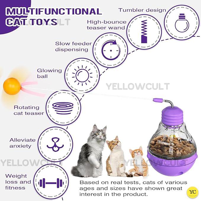 YellowCult Cat Interactive Toys for Indoor Cats Kitten Wand Toy Weight Loss Lose Kitty Tracking Balls Slow Food Dispenser Feeder Engaging Treat Dispensing Feeding Pet Supplies Birthday Gift