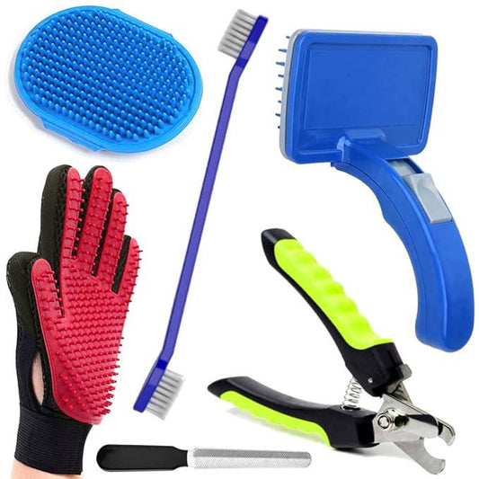 RvPaws Combo 6 in 1 Dog Grooming Kit Hand Glove Bath Brush + Toothbrush + Slicker Bath Brush + Nail Cutter + Nail Filler + Pet Self Cleaning Slicker Comb for Dogs and Cats
