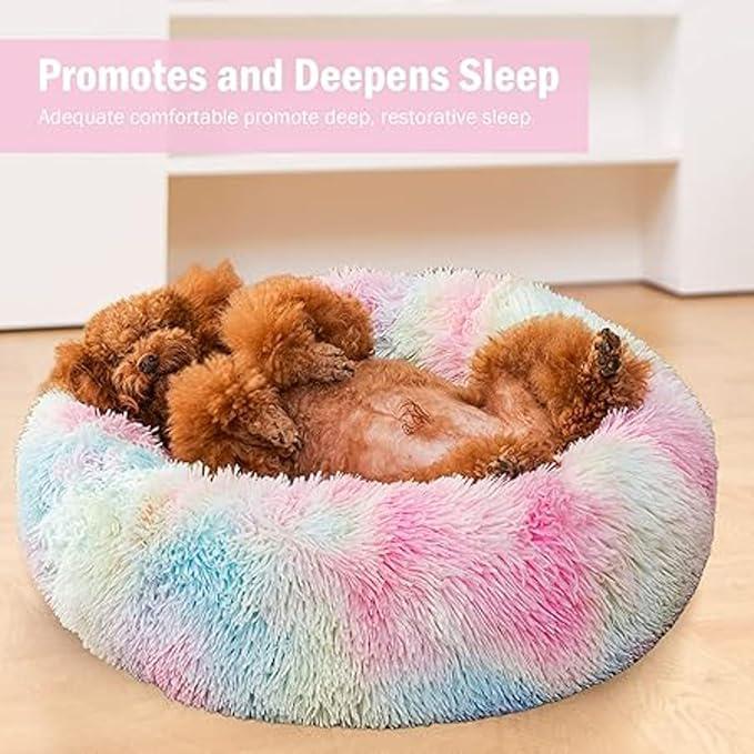 ZEXSAZONE Round Donut Pet Bed for Cats and Puppies Dogs, Cozy and Plush, Raised Bedside Support, Both Sides Use Like 2 in One, Washable, Sizes for Small, Medium, and Large Pets. (cat Bed Rainbow)