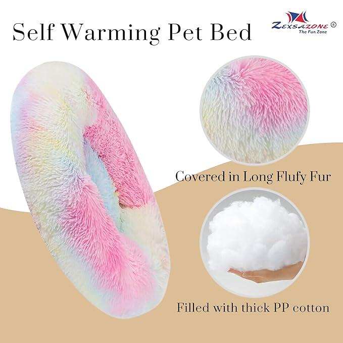 ZEXSAZONE Round Donut Pet Bed for Cats and Puppies Dogs, Cozy and Plush, Raised Bedside Support, Both Sides Use Like 2 in One, Washable, Sizes for Small, Medium, and Large Pets. (cat Bed Rainbow)
