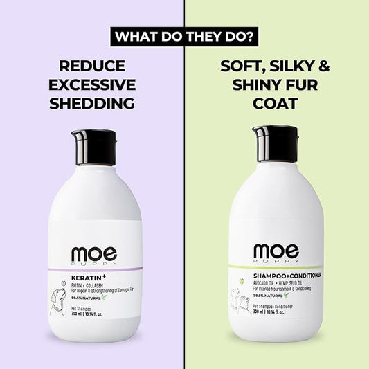 Moe Pet Care Shampoo Combo for Nourishment, Vitality & Fur Repair | Shampoo Plus Conditioner + Keratin Plus | Sulfate & Paraben Free | pH Balanced for Dogs & Cats (Pack of 2) (600ml)